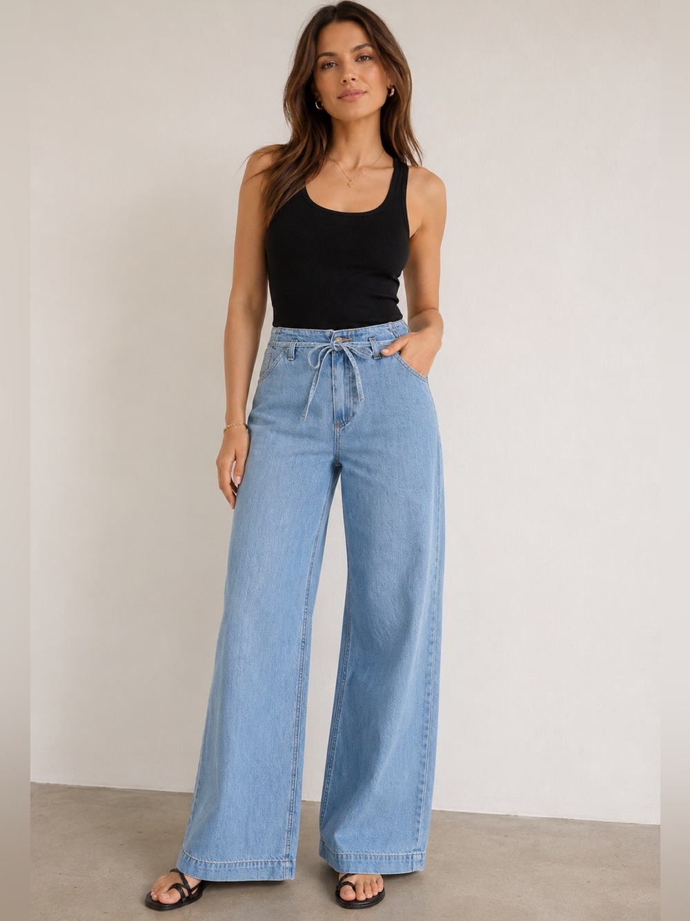 PAIGE Zoey Light Wash Wide-Leg Tie-Waist Jeans